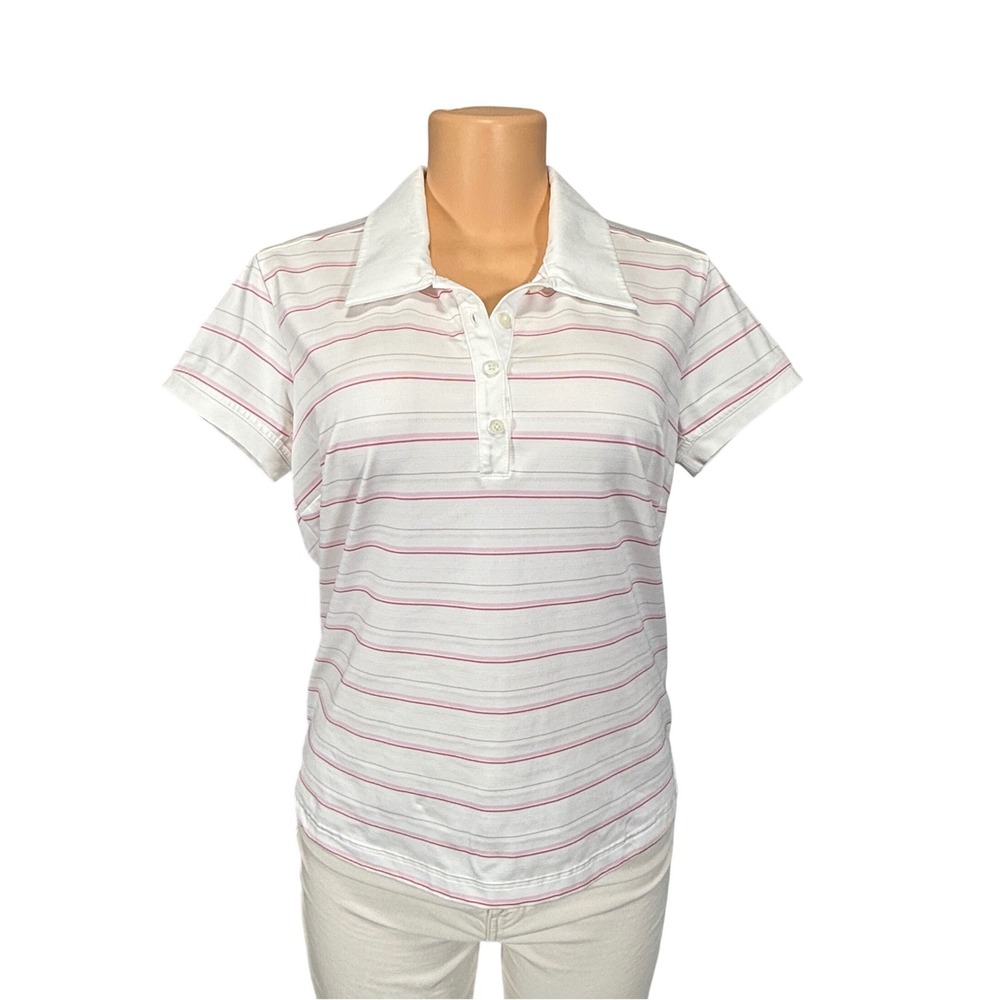 Adidas ClimaCool‎ Womens Striped Polo Shirt White Pink Short Sleeve Size M